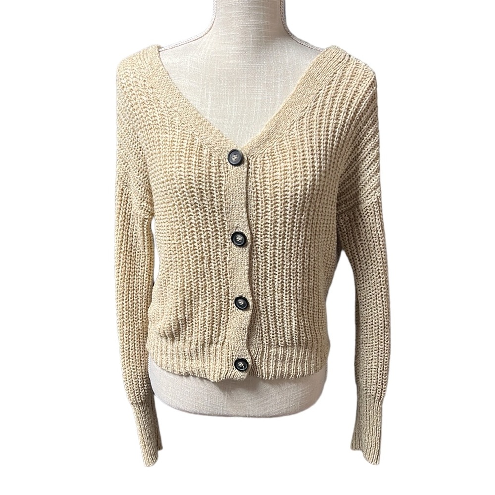 Moon & Madison Long Sleeve Button Up Sweater Cardigan Knit Tan Cream Womens S